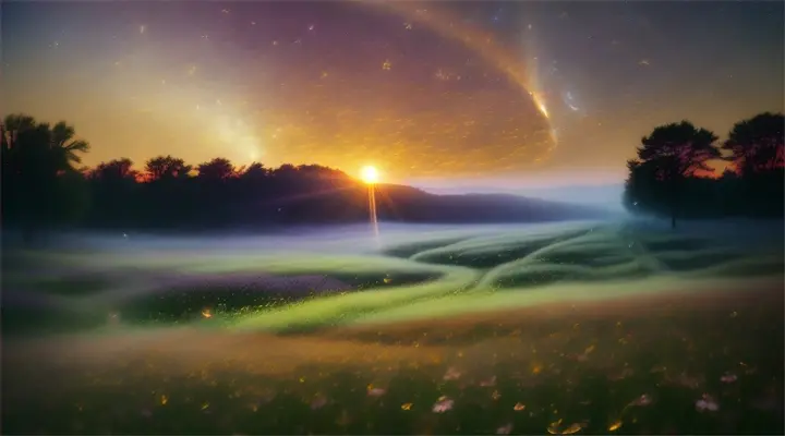flocks of fireflies and stars sunrise Tornadoes As the flowers night begins to ring, a misty veil, Together, they emerge, a radiant light of resonant energy, as the world sleeps serenely next to the chaos, a calm and tranquil y that fills the air with a symphony of energy. Perfume from the detailed structure of a neural network with the real world photorealistic 35mm film natural light realistic dynami