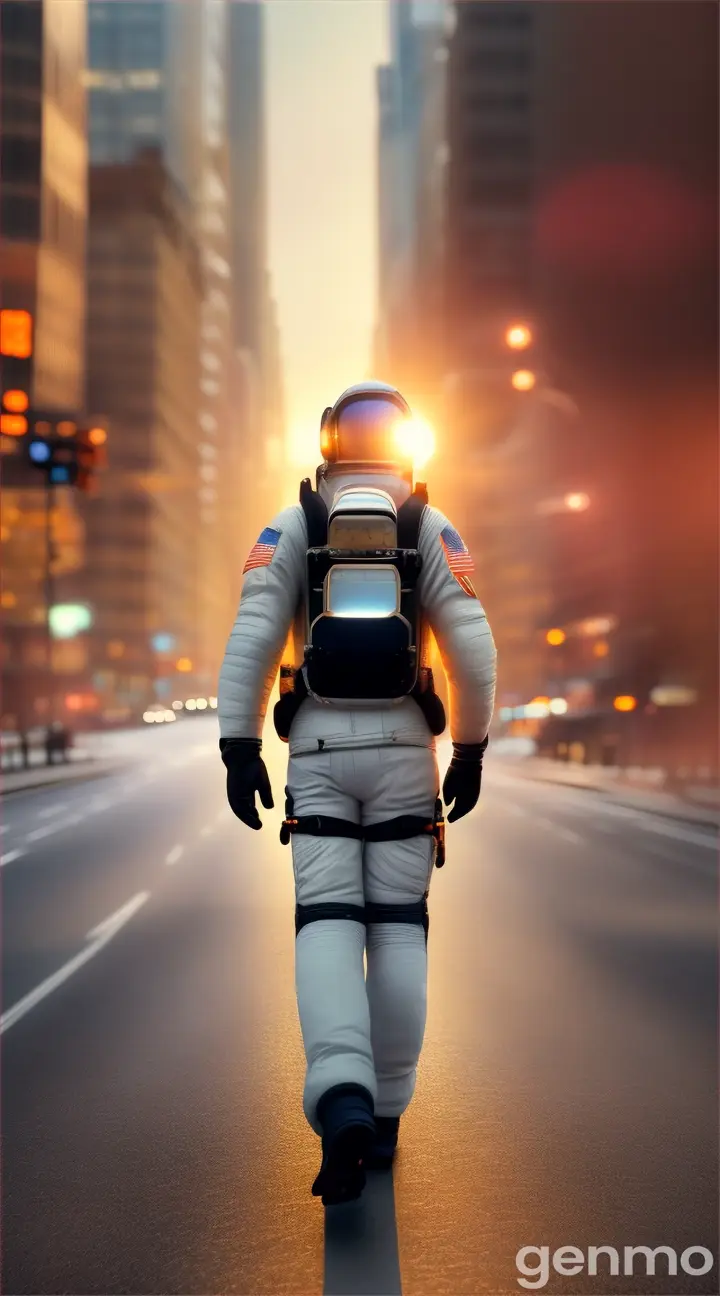 A astronaut playing guitar and walking into the sundown in new York in the middle of the road, he's walking slowly forward and the view is backside, absolutely realistic and detailed, cinematic lut