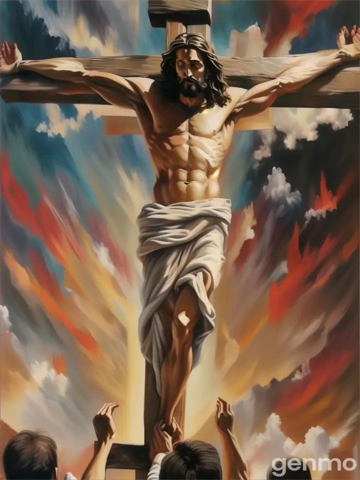 a painting of jesus on the cross surrounded by people