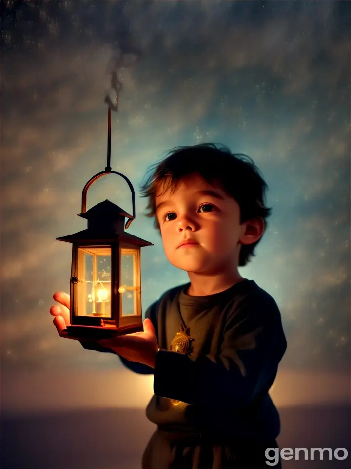 A little boy staring up at the ceiling, where constallations form from the light reflections zoom out. From lantern. Its beautiful  in his bedroom 