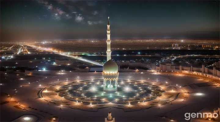 Create a peaceful scene of the Baqi Cemetery and the Prophet's Mosque behind it, the ground is flat, the sky is full of stars, and a full moon night.  Tags: narrative photography, clean composition, dramatic lighting, luxurious, elegant, |   Camera: Nikon Z7 |   Focal length: 50mm |   Shot type: Close-up |   Composition: Center Top View |   Lighting: soft directional light   Production: Realistic |   Time: night