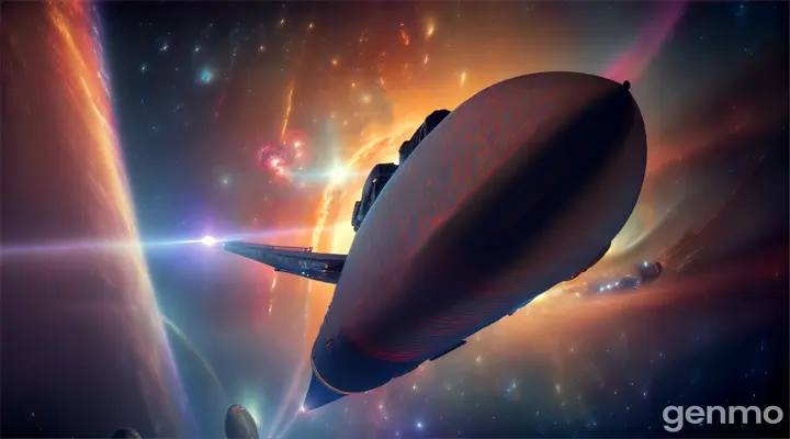 Spaceship traveling through the universe, behind the ship you can see galaxies and stars
