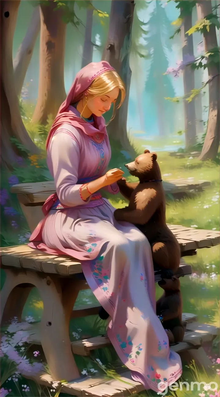 a painting of a woman sitting on a bench with a bear