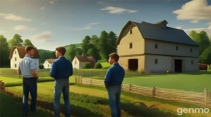 Visualize a farm with a modest house and a barn.
Picture five strong, hardworking young men arguing with each other in the yard.
Imagine the farmer, an older man with a worried expression, standing nearby, watching his sons with concern.