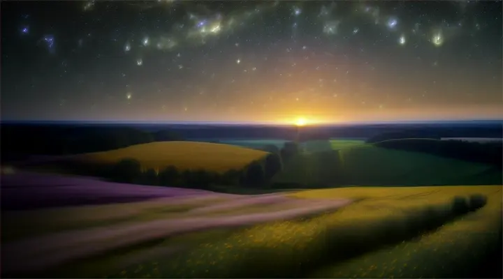 flocks of fireflies and stars sunrise Tornadoes As the flowers night begins to ring, a misty veil, Together, they emerge, a radiant light of resonant energy, as the world sleeps serenely next to the chaos, a calm and tranquil y that fills the air with a symphony of energy. Perfume from the detailed structure of a neural network with the real world photorealistic 35mm film natural light realistic dynami