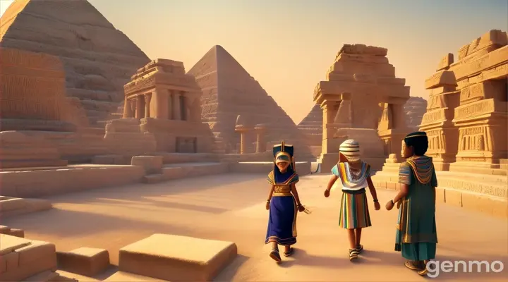  Pharaohs, two children named John and Samira lived in the vibrant city of Thebesheir sharp intellects and bright minds, and their unwavering determination to solve the problems their community faced

.  3d carton