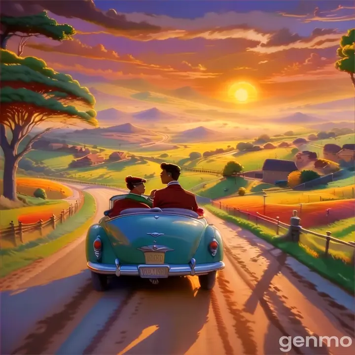 a painting of a couple driving in a convertible