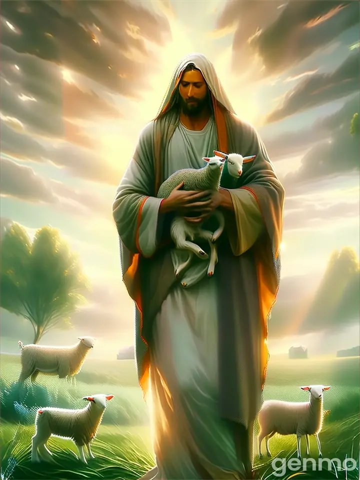 a painting of jesus holding a lamb in a field