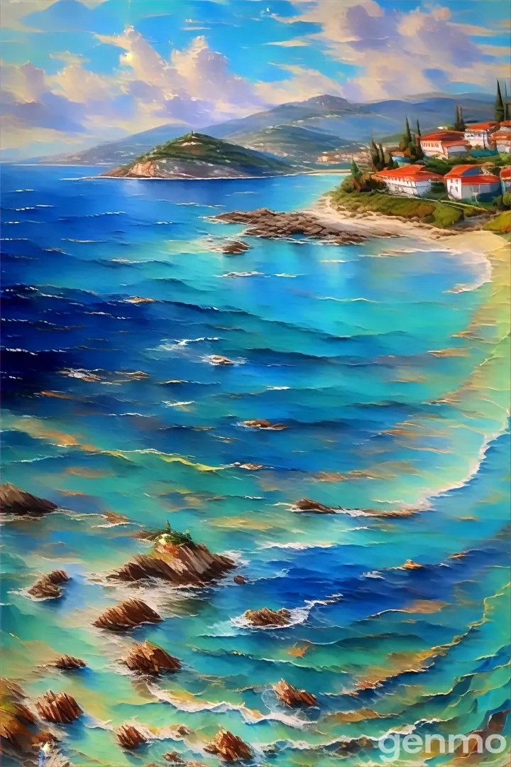 a painting of a beach with blue water