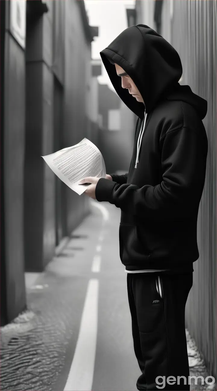 A person in black track suit with hood on his head wearing white snickers a person tearing up an angry letter, 