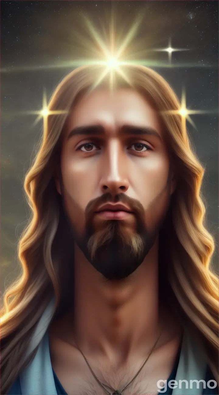 Jesucristo hiper realista con zoom en el universo celestial rodeado de luz brillante inspira paz y calma precioso 