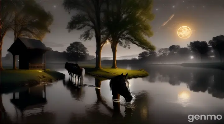 night, moon, horses drink water from the river