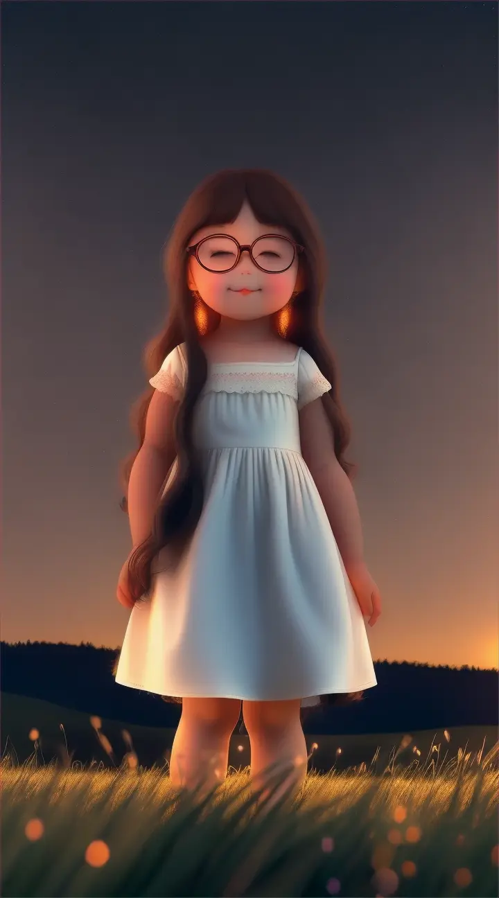 Deep night Shot story see the side of (an art toy of very very cute chubby big eyes very happy and lively girl. She has a very long hair to her back style, chocolate brown colored, curl hair, wears eyeglasses, wearing white satin dressp) She is standing and lift her face up in the grass field. She is closing her eyes to touch the heavy wind under the cosmic night sky. Fresh, lively, missing special one and calm down. See the sky 45%