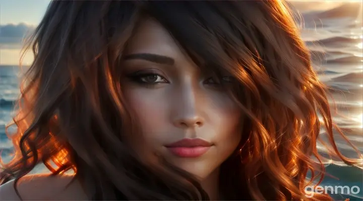 A close-up image of long, healthy, well-groomed light brown, red, black hair that is mixed in an unusual combination of waves in the sea in high resolution, naturally fluttering in the wind. Hair should look shiny, smooth and silky, with individual strands clearly visible. The background should be soft and neutral so that the hair is the center of attention. The light should enhance the hair's natural shine and texture, creating a sense of movement and vitality. The overall effect should evoke a feeling of freshness, health and natural beauty.