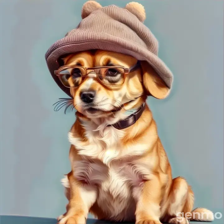 a small dog wearing a hat and glasses