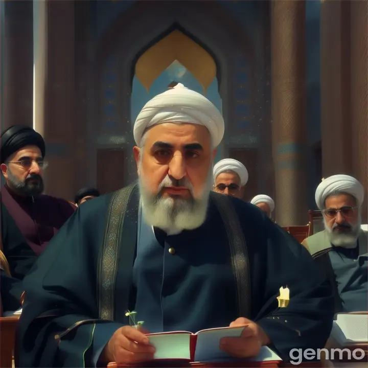 A 5-second video in which the great Iranian philosopher Bozorgmehr is sitting among a group of scientists and is silent, but the others are talking. In this video, use elements of Iranian architecture such as Persepolis.