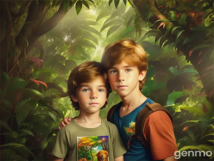 A young boy named Sam, with tousled brown hair, and his golden retriever, and his dog named Max, standing at the edge of a dense, vibrant jungle. 