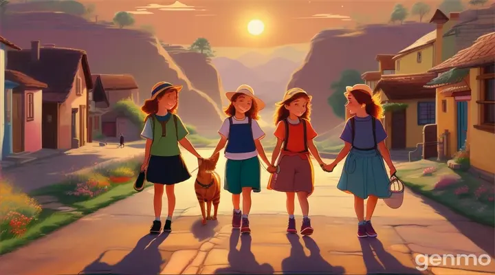 As the sun sets, the cartoon girls and Whiskers walk back home, tired but happy. The girls, with their adventure clothes a bit dusty, smile and chat. Whiskers, in his now slightly rumpled outfit, walks contentedly beside them.