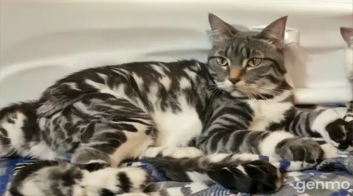 a black and grey cat-scientist lying on a blanket