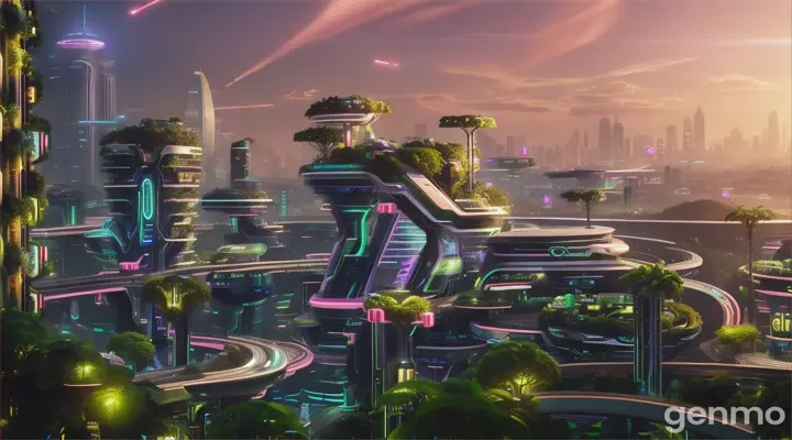 A futuristic city but with the lush greenery of a jungle; holographic plants and vines mingle with neon lights and high-tech elements