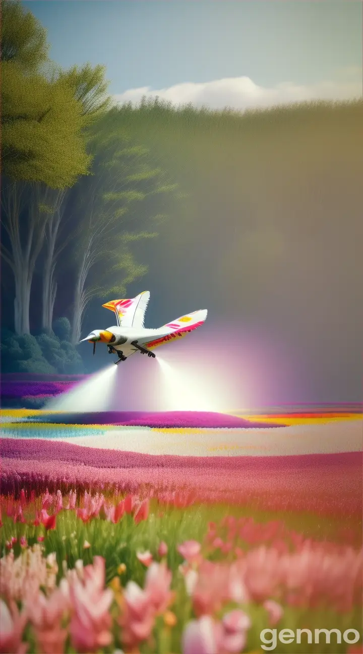 A White Mammoth soaring over a colorful flower field, spraying petals with its trunk, creating a whimsical scene.The video can be continued in loop,bright daytime,White tone,Watching from a distance