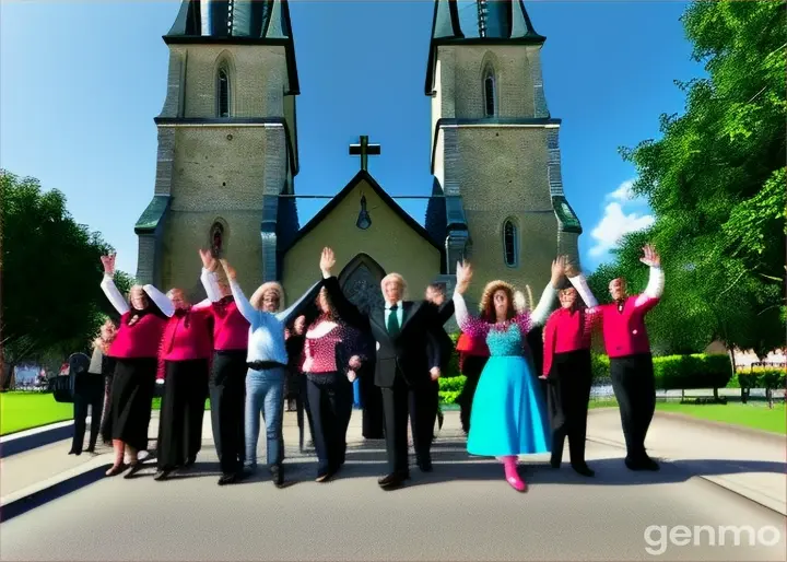 the group in front of the church is animated, with people waving, talking and smiling