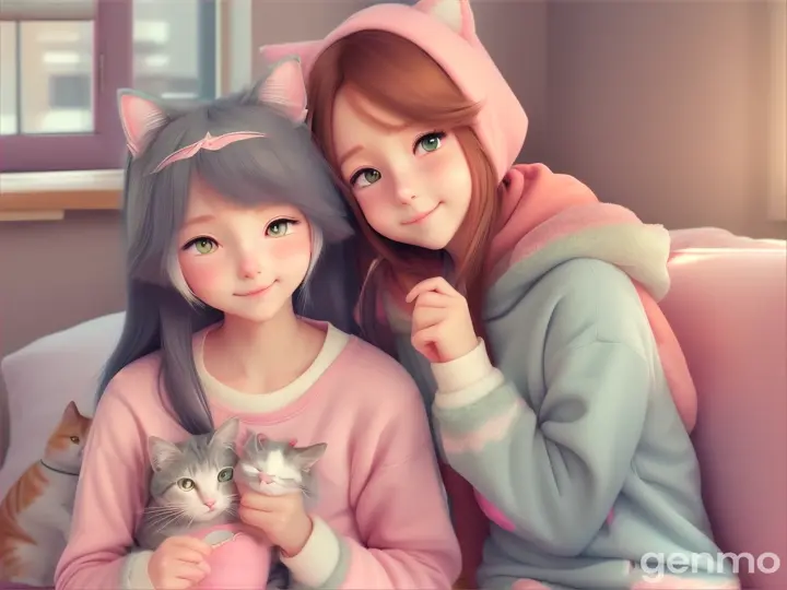 Back at home, the cartoon girls cuddle with Whiskers, who purrs contentedly. The cartoon girls, in their comfy home clothes, smile warmly. Whiskers, dressed in cozy pajamas, snuggles into their arms, happy and safe.