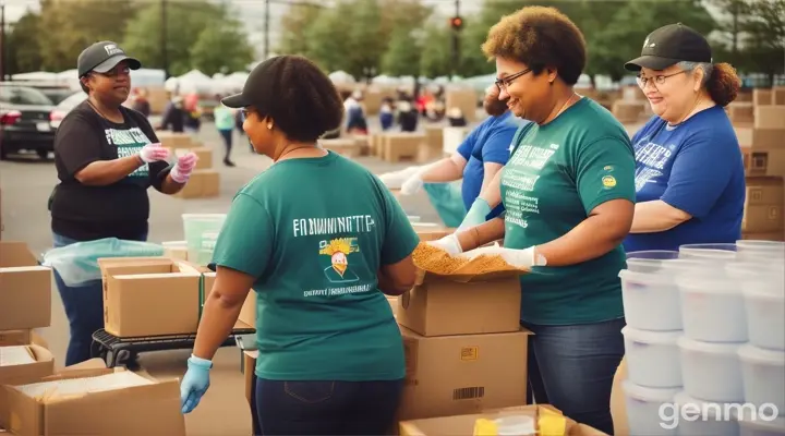 People volunteering at a community event, helping at a food bank, or engaging in a community cleanup. WIDE FRAME