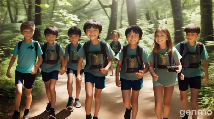 make a video of dense forest a group of young boys and girls looking around