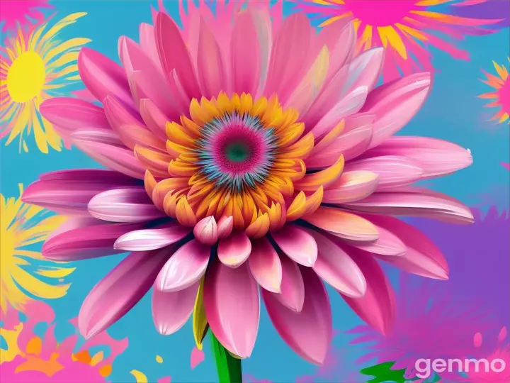 Drawing: bright day, stylized single pink chrysanthemum flower with a stem against a background of blue sky and sun (large strokes with strokes, strokes, blots) On an abstract pop art background with spots and strokes. Рисунок: яркий день, стилизованный одиночный розовый цветок хризантема  chrysanthemum со стеблем на фоне голубого неба и солнца (крупные штрихи со штрихами, штрихами, кляксами) На абстрактном фоне поп-арта с пятнами и штрихами.
