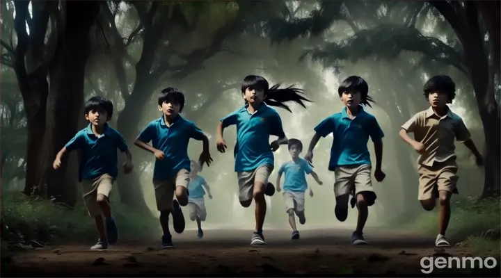 a group of children running through a forest