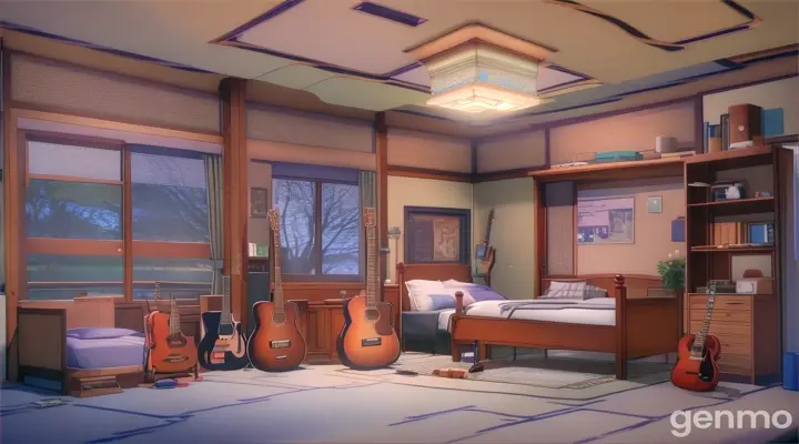 a room with a bed and a guitar in it