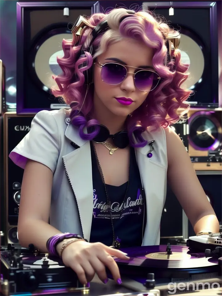 a blonde female dj with purple curls and sunglasses stands quietly without moving behind a table on which 2 record players are placed. 