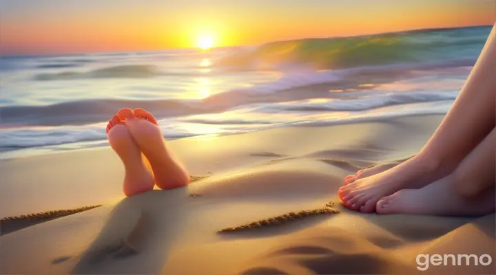 16:9 ar detailed , realistic ,dream-like  A woman sitting on a beach, digging her toes into the warm sand, and laughing as the waves gently crash onto the shore.