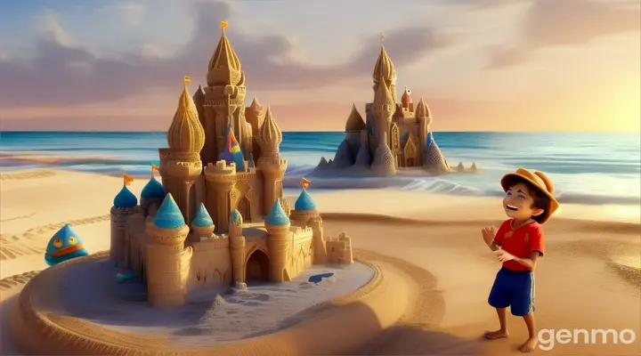 A child says to his classmates, “Look at my sandcastle. It is huge and ornate. 3d cartoon