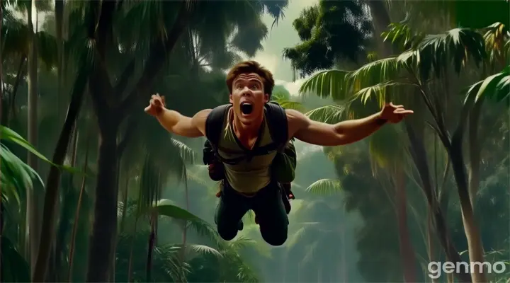 a man flying through the air in a jungle