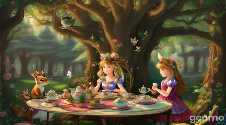 Princess and fairy share tea with chipmunks, birds, and bunnies in a whimsical woodland tea party