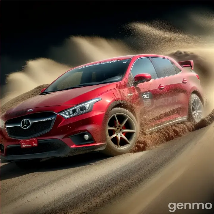 a red car driving on a dirt road