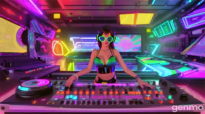 Women in sunglasses, sparkly headphones and low-cut latex swimsuits stand near a DJ mixing console and an electric piano in a club. Laser beams of bright colors against the background of large television screens.