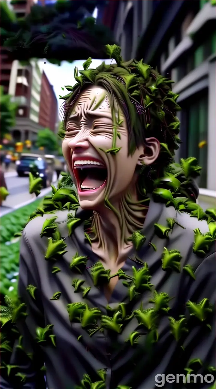 a man with green hair and green leaves on his head