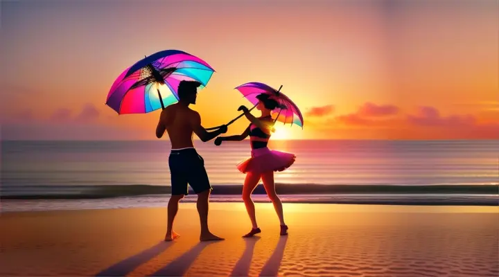 a man and a woman holding an umbrella dancing on a beach