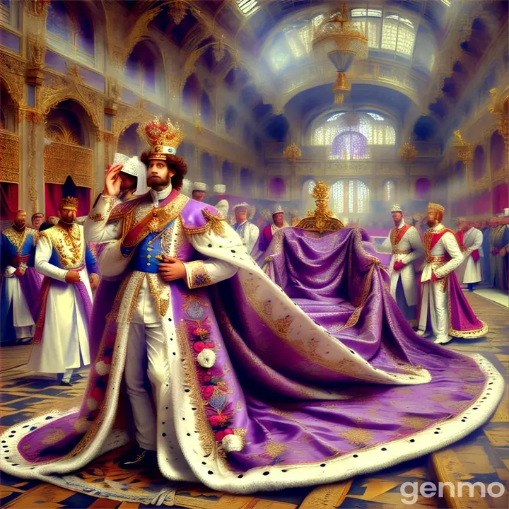 Ludwig II of coronation train trying on a mantle pages in white gown in purple giant silk coronation robes 