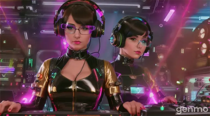 Women in early steampunk style sunglasses, shiny headphones and low-cut latex carriages stand near the DJ console and electric piano in a steam punk club. Laser beams of bright colors against the background of large television screens.