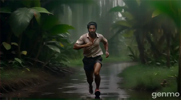 a man running through the jungle in the rain