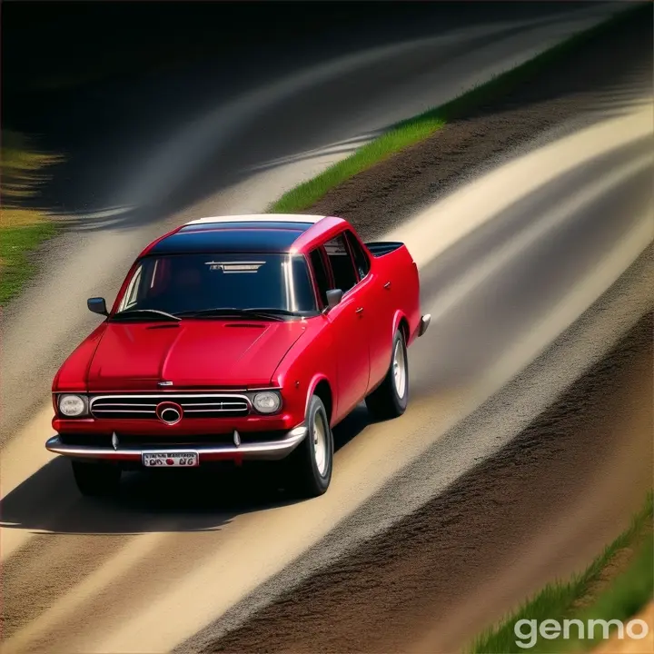 a red car driving on a dirt road