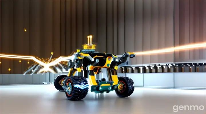 Transform the dynamic, wheel-based robot in the image into a standing robot with four legs. During the transformation, add a shower of sparks to emphasize the mechanical nature of the process. Maintain its colorful and intricate design while ensuring stability and balance. The setting is an industrial warehouse. The transformation should be smooth and visually appealing, showcasing the robot’s transition from a wheel-based form to a four-legged form.