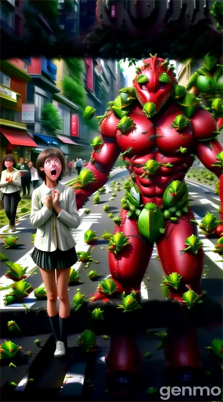 a woman standing in front of a giant red creature
