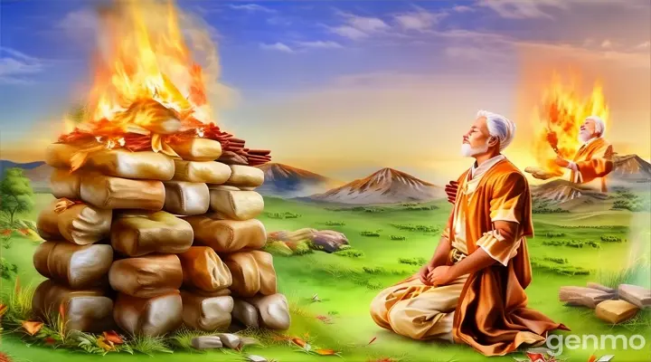 a painting of a man standing in front of a fire