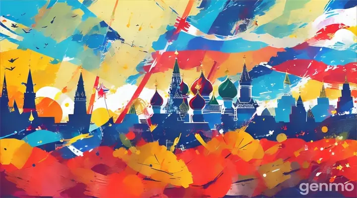 A summer poster for Russia Day featuring elements of the Russian flag flying with a painting of a city
