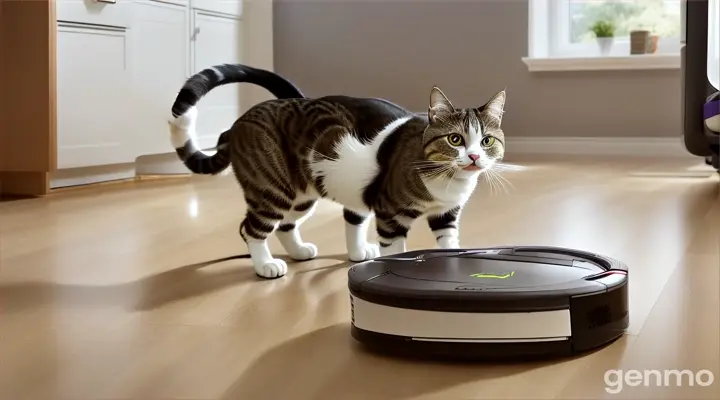 A classic battle ensues as a curious cat tries to outsmart a robotic vacuum cleaner. The video captures the cat batting, pouncing, and riding the Roomba in a comedic dance.